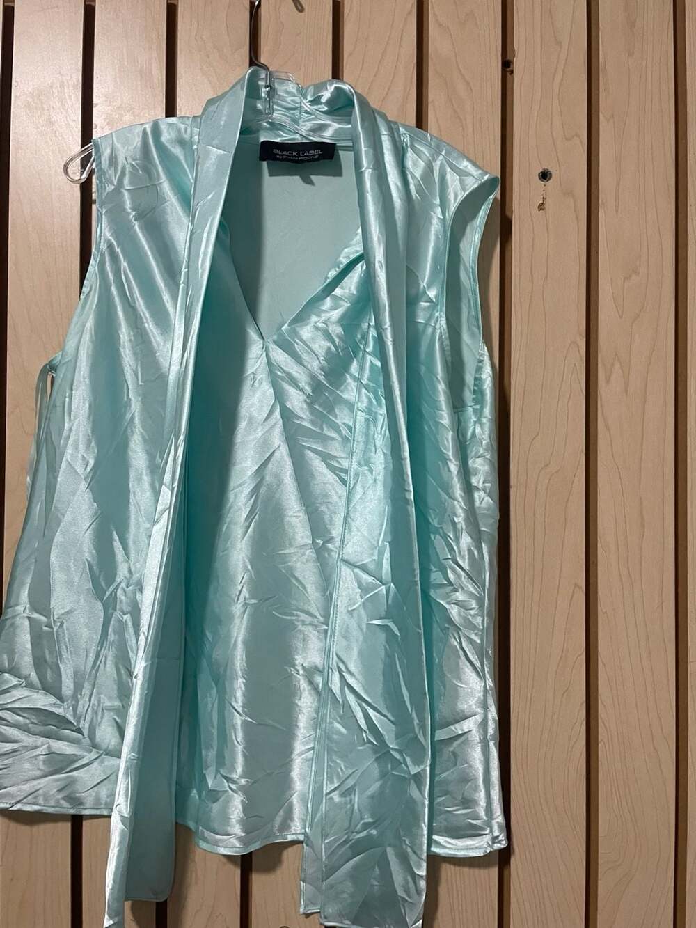 Black Label by Evan-Picone Aqua Blue Satin Sleeveless Tie-Neck Blouse, Size M